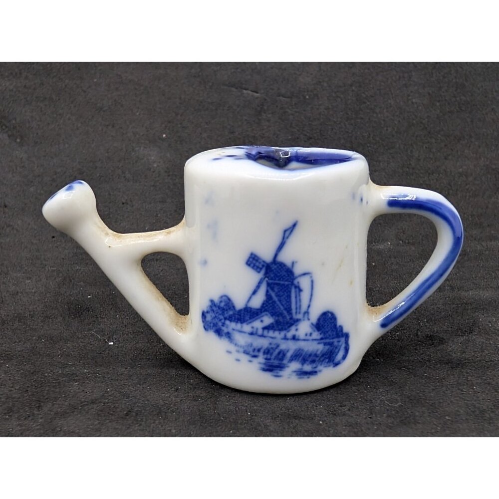 Vintage Delft Blue White Windmill/flower Watering Can miniature 1.3"